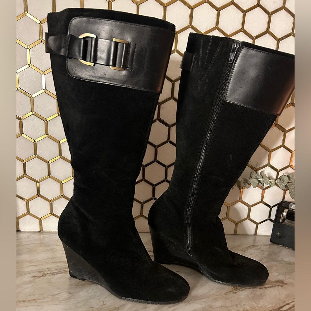 Women’s Black Suede and Leather Wedge Heel Boots.